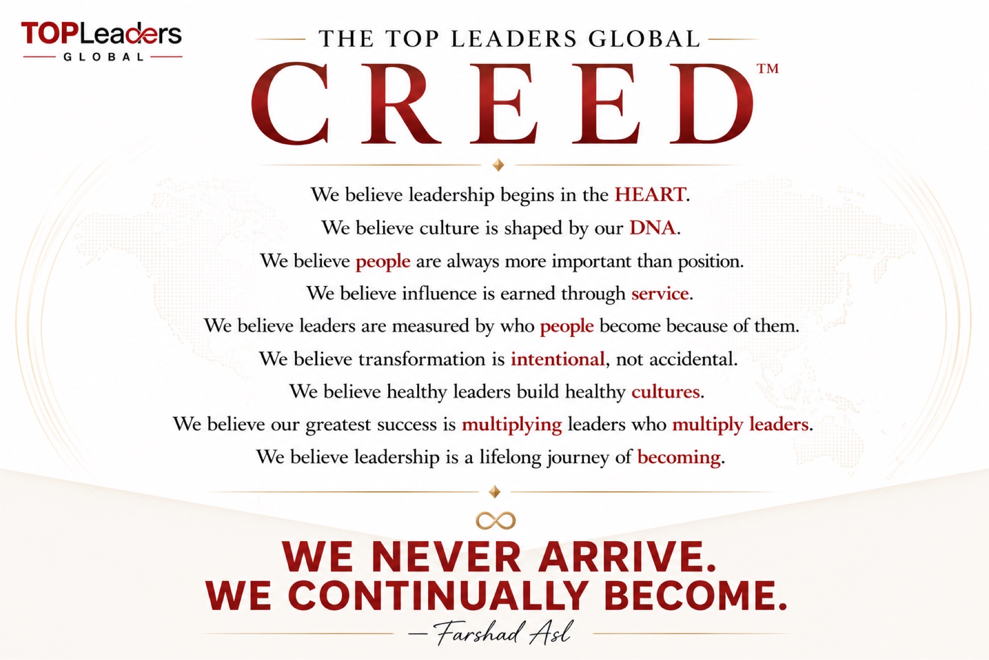 The Top Leaders Global CREED artwork: nine belief statements of Top Leaders Global, closing with the declaration, “We never arrive. We continually become.”