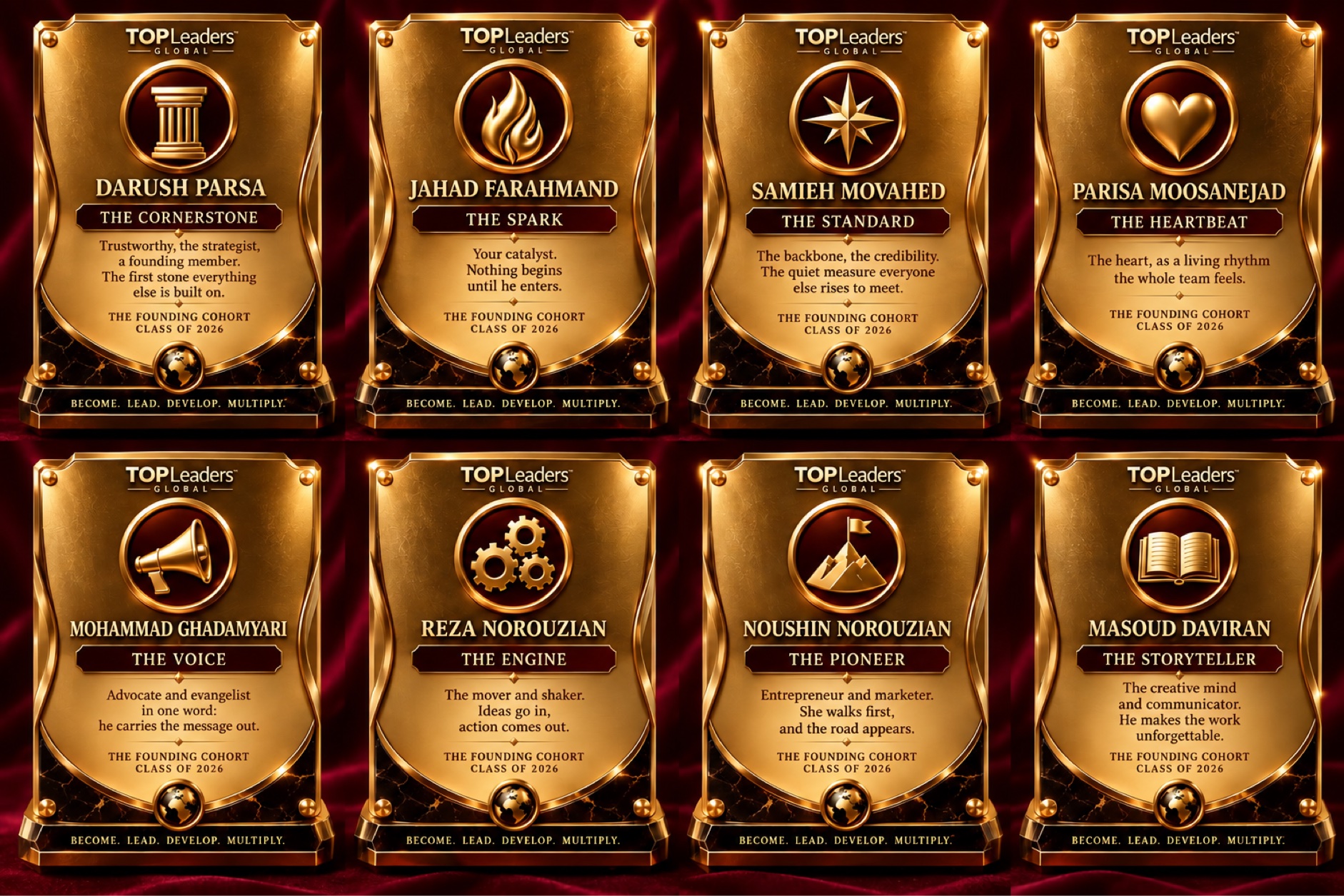 The Top Leaders Global Founding Cohort presentation: eight gold plaques for the Class of 2026.
